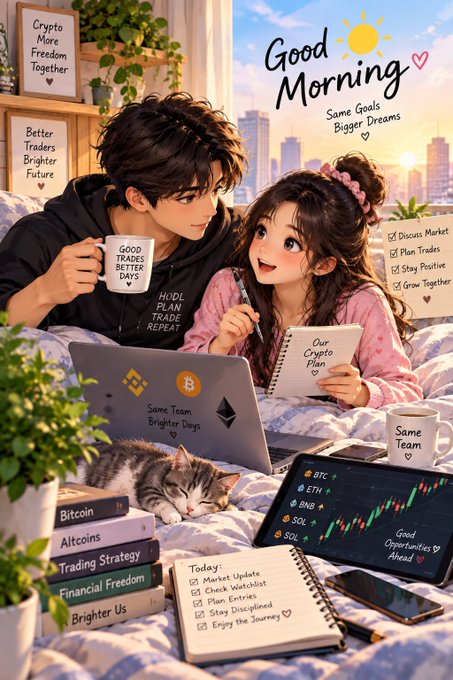 An anime-style illustration of a couple sharing coffee while working on laptops and planning together, surrounded by cryptocurrency trading books (Bitcoin, Altcoins), charts showing BTC, ETH, BNB, SOL performance, and motivational notes like 'Crypto More Freedom Together' and 'Good Morning.'