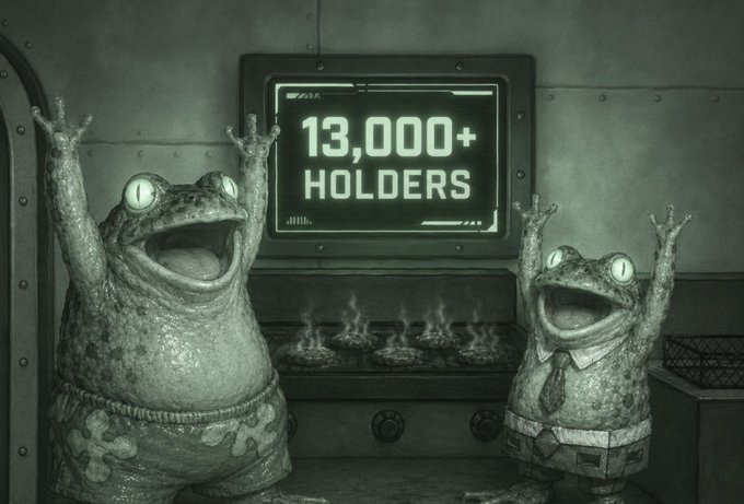 Two anthropomorphic frogs in a dimly lit, kitchen-like setting raise their arms triumphantly before a digital display showing "13,000+ HOLDERS," celebrating a community milestone for the $FRONG token. The frogs' exuberant poses and the steaming pots behind them evoke a sense of accomplishment and communal warmth, tying into the post's message about finally joining ("Fronieve in") and supporting the $FRONG project.