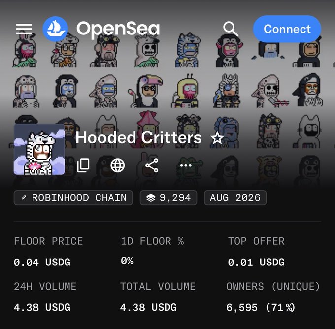 OpenSea NFT collection page showing 'Hooded Critters' on the Robinhood Chain with 9,294 items, a floor price of 0.04 USDG, 24H volume of 4.38 USDG, and 6,595 unique owners.