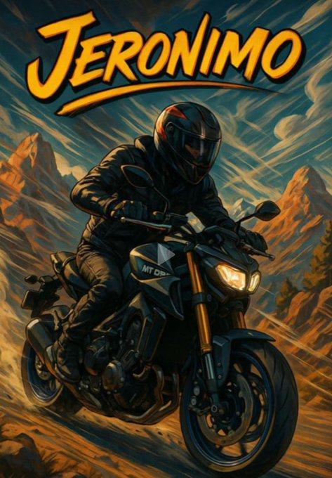 A bold, comic-style illustration of a rider in dark gear speeding a sleek "MT 09" motorcycle through a mountainous landscape, with the word "JERONIMO" emblazoned across the top in striking yellow lettering—perfectly matching the post's rallying cry for the "#memecoin" "#jero" token aimed at going to the moon.