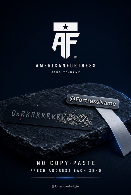 An advertisement for American Fortress crypto with the text 'NO COPY-PASTE FRESH ADDRESS EACH SEND,' showing a metal engraving of '0xRRRRRRRR' and @FortressName.