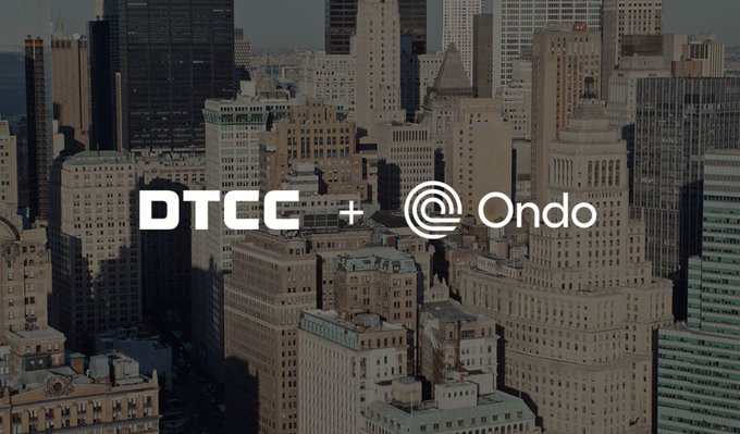 An aerial cityscape of skyscrapers with overlaid text reading 'DTCC + Ondo', indicating a partnership announcement.