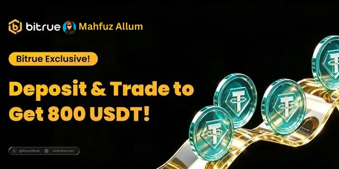 A Bitrue cryptocurrency advertisement with the headline 'Deposit & Trade to Get 800 USDT!' featuring a Bitrue Exclusive! badge with Mahfuz Allum's name and promotional USDT coin graphics.