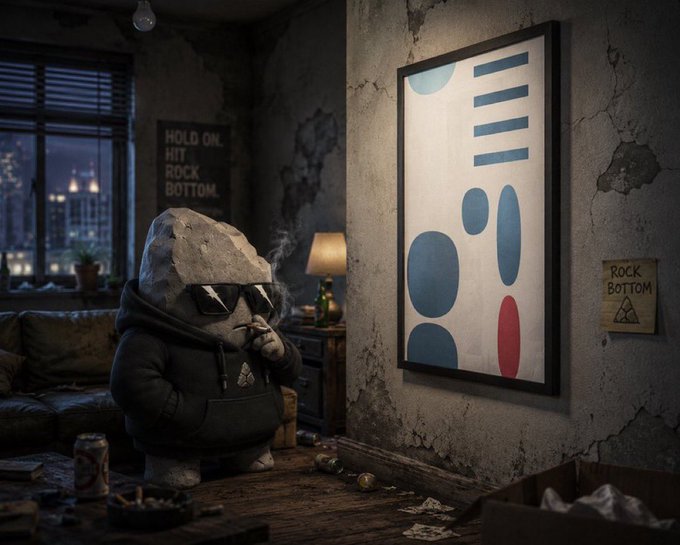 A 3D-rendered anthropomorphic rock character wearing sunglasses and a hoodie, smoking a cigarette in a dilapidated room, with a sign reading 'HOLD ON. HIT ROCK BOTTOM.' and another labeled 'ROCK BOTTOM' next to an abstract painting.
