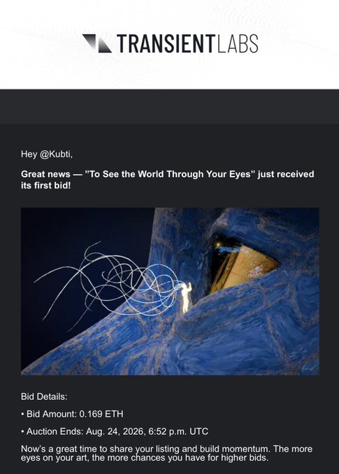 An email from TRANSIENT LABS notifying @Kubti that their artwork "To See the World Through Your Eyes" received a bid of 0.169 ETH, with auction ending Aug. 24, 2026.