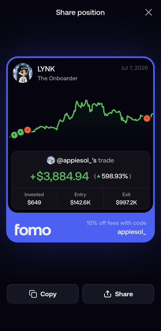 The image shows a "Share position" card from the Fomo trading app, displaying LYNK's trade with a profit of +$3,884.94 (598.93%) on an investment of $649 with an entry of $142.6K and exit at $997.2K, tagged to @appiesol_'s trade on Jul 7, 2026. The accompanying post promotes appiesol_'s Fomo profile and credits @SerenityDAO and @deucesFnF for the successful $LYNK trade, matching the card's branding and referral code.