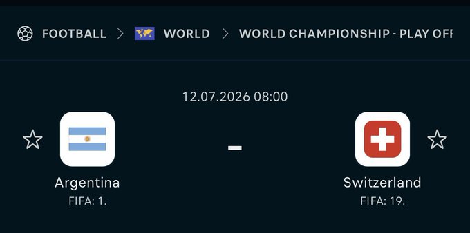 The image shows a sports betting matchup between Argentina (FIFA: 1) and Switzerland (FIFA: 19) scheduled for 12.07.2026 at 08:00 in the World Championship Playoffs, relating to a prediction contest offering $1,800 to winners who guess the exact score.
