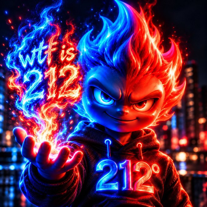 A vibrant digital artwork of a stylized character holding flames, with neon text reading "wtf is 212" and "212°" against a city nightscape background.