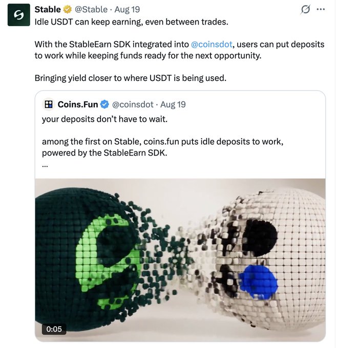 A tweet from @Stable posted on Aug 19 announces that idle USDT can keep earning between trades, highlighting the integration of the StableEarn SDK into @coinsdot. The post features an embedded tweet from @coinsdot promoting coins.fun as one of the first platforms on Stable to put idle deposits to work, accompanied by a video thumbnail showing two glitching sphere puppets colliding.

However, I should note that the accompanying post content you provided ("If you're a $FEFER holder...") appears unrelated to this image, which is about Stable's StableEarn SDK and coins.fun integration, not about any $FEFER token.