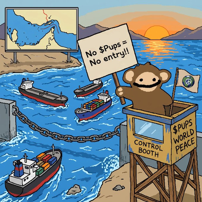A cartoon scene showing a stuffed monkey in a control booth labeled '$PUPS WORLD PEACE' holding a sign that reads 'No $Pups = No entry!!' while blocking ships with cargo containers from entering through a chained harbor, with a map of the Suez Canal in the background.