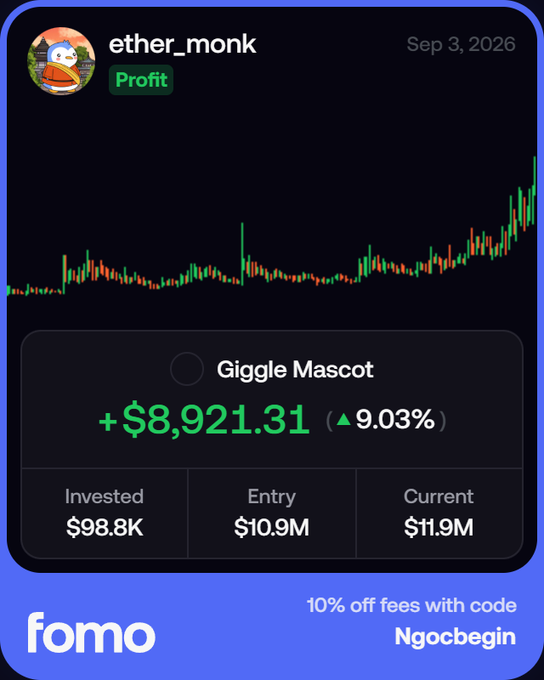 A trading performance screenshot from fomo showing ether_monk's profit on "Giggle Mascot" of +$8,921.31 (▲9.03%), with invested $98.8K, entry $10.9M, and current $11.9M, plus a promo code "Ngocbegin" for 10% off fees.