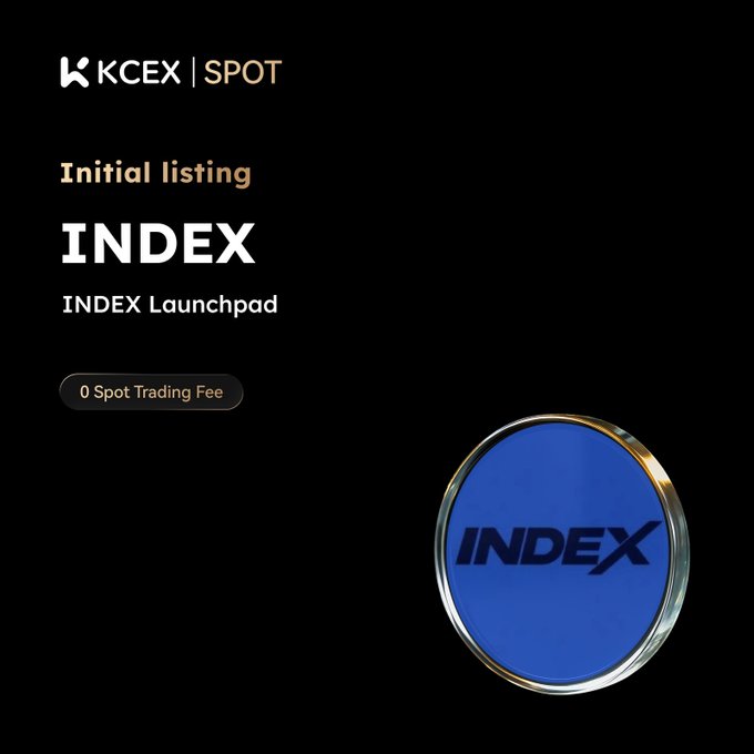 A black promotional graphic announces 'KCEX SPOT Initial listing INDEX' on the 'INDEX Launchpad' with '0 Spot Trading Fee', featuring a blue circular token logo.