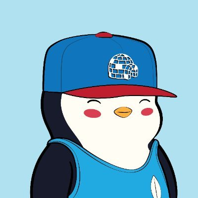A cartoon penguin character wearing a blue and red baseball cap with a globe logo and a blue tank top, set against a light blue background.