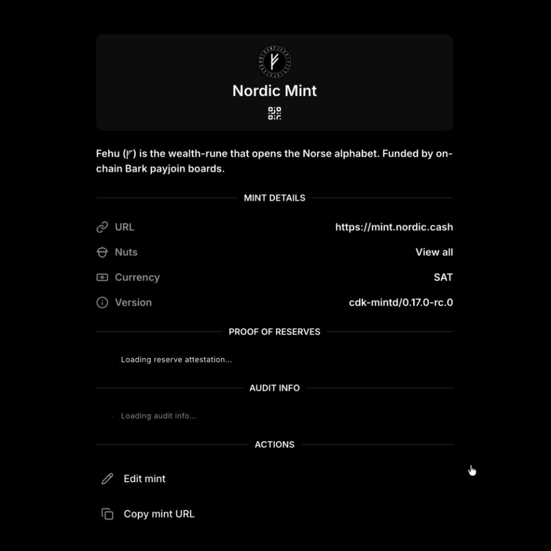 In the image, there's a page displaying information about Cashu mints from a Norwegian bank. The page provides details such as the mint's name, net asset value (NAV), and balance. Additionally, there are tables and charts with various data that users can interact with or view. The post seems to be promoting or updating the Cashu mint's reserves, which are cryptographically proven using the Ark protocol without revealing individual balances. Users could potentially copy-paste this information into a new post on the same page, sharing their thoughts about it as they read along.