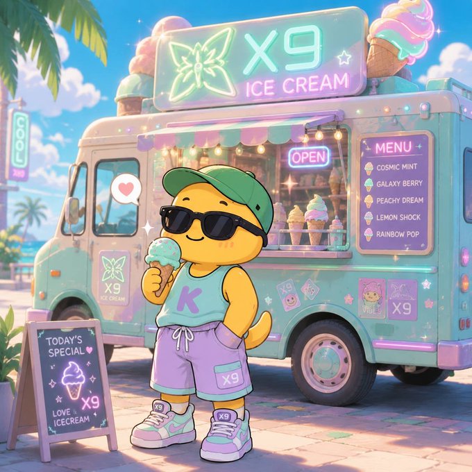An illustrated yellow character wearing sunglasses and a green cap holds an ice cream cone in front of an 'X9 ICE CREAM' truck, with a menu listing flavors like 'COSMIC MINT', 'GALAXY BERRY', 'PEACHY DREAM', 'LEMON SHOCK', and 'RAINBOW POP'.