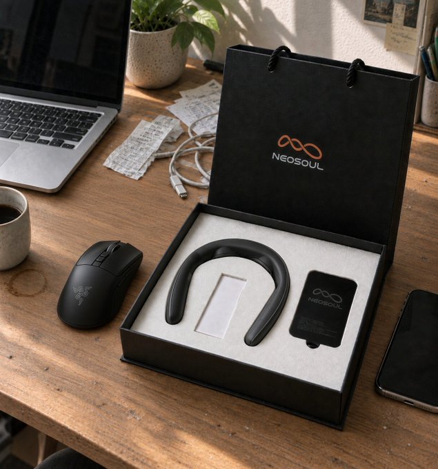 A product photo showing a black gift bag and box branded "NEOSOUL" containing a neckband device, displayed on a wooden desk alongside a Razer mouse, laptop, smartphone, and coffee mug.