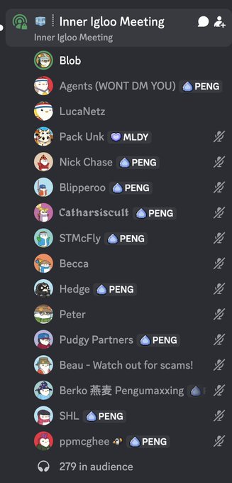 A Discord server list for 'Inner Igloo Meeting' showing 279 in audience with members like Blob, Agents, LucaNetz, Pack Unk, Nick Chase, and others, many marked with 'PENG'.