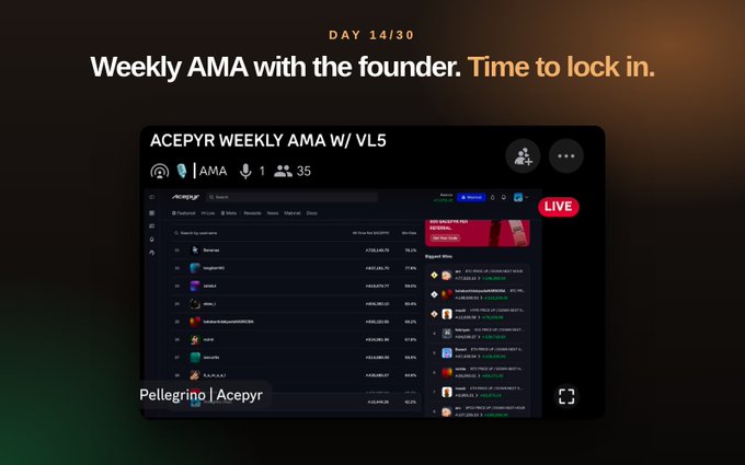 A graphic promoting a 'Weekly AMA with the founder. Time to lock in' shows an Acepyr Weekly AMA interface marked 'LIVE' on day 14/30.