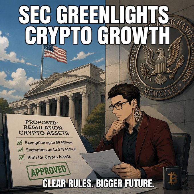 An illustrated graphic titled 'SEC GREENLIGHTS CRYPTO GROWTH' depicts a bespectacled man reviewing an 'APPROVED' regulatory document listing crypto asset exemptions, captioned 'CLEAR RULES. BIGGER FUTURE.'