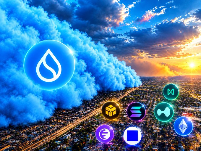 A vibrant digital illustration shows the Sui cryptocurrency logo glowing within blue clouds above a sunset cityscape, with other crypto coin logos including Binance, Solana, and Ethereum arranged at the bottom.