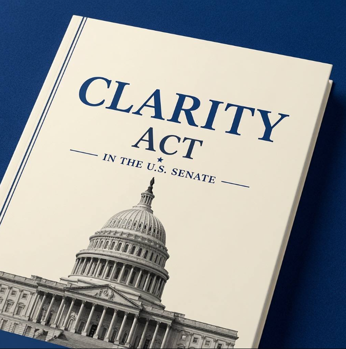 A book cover titled "CLARITY ACT — IN THE U.S. SENATE" featuring an illustration of the U.S. Capitol dome, directly referencing the legislative bill at the center of the post's question about its potential passage next month.