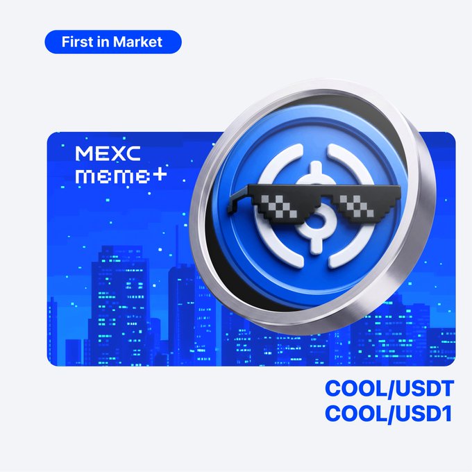 A promotional graphic announcing MEXC Meme+'s "First in Market" listing of the COOL token, featuring pixelated "deal with it" sunglasses over a blue circular logo against a cityscape background, with trading pairs COOL/USDT and COOL/USD1 displayed.