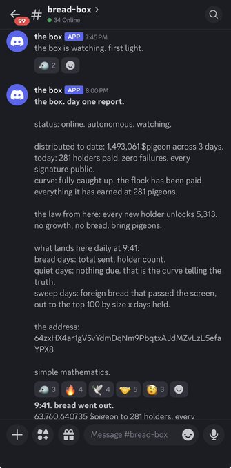 A Discord channel called "#bread-box" shows "the box" app reporting its Day 1 status, with stats like 1,493,061 $pigeon distributed across 281 holders, a payout address, and a curve note that "every new holder unlocks 5,313." The accompanying post warns that moving tokens out of a wallet counts as selling and resets the airdrop multiplier, advising users to follow the community wallet inside the bread-box Discord to avoid losing their airdrop standing.