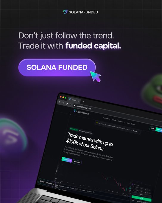 The image shows a laptop computer with an opened web browser displaying a webpage called "Trading Memes With $20". The background of the screen is dark purple or black, creating contrast for the content on the screen. In the upper left corner of the image, there is a text box that says "Don't just follow the trend, trade it with capital." This phrase emphasizes the importance of having financial resources to invest in and execute trading strategies. The main focus of this post is related to a trading platform called SolanaFunded introduced by Solana, which provides traders with the opportunity to trade on Solana without worrying about the limitations of traditional exchanges like centralized banks or brokerages.