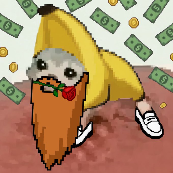 A pixel art illustration of a character wearing a banana costume, holding a rose in their mouth while money and gold coins rain down around them.