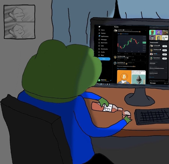 An illustration of a green-headed character in a blue shirt sitting at a desk checking a stock chart on a monitor displaying a Twitter feed.