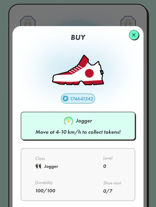 The image shows a phone screen displaying an app interface that includes options for purchasing a red jogging shoe, buying a pair of sneakers or joggers, and even buying a gaming or sports jogging shoe. The phone's lock screen indicates that the user has not yet entered any payment information into the app. The post on social media says something like "#STEPN NFA" implying an item for sale is available, possibly related to jogging shoes.
