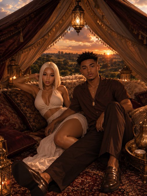A couple lounging in a luxurious tent decorated with lanterns and pillows, with a sunset view of rolling hills in the background.