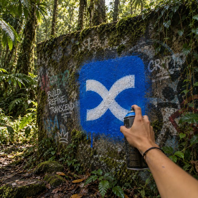 A hand holds a blue spray paint can in a mossy jungle setting, with the iconic blue X logo painted on a concrete wall beside the phrase "BUILD, REFINE, TRANSCEND" — visualizing the post's "morning alpha came in blue" as a fresh, vibrant spray of energy breaking through nature's green stillness.