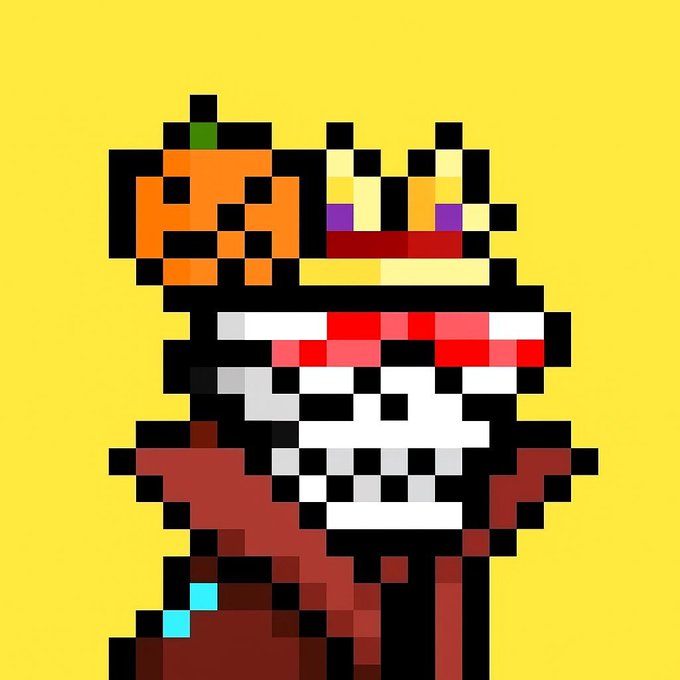 Pixel art illustration of a red-clothed figure with an orange pumpkin-like head wearing a golden crown, featuring a skull-like white face with red markings against a solid yellow background.