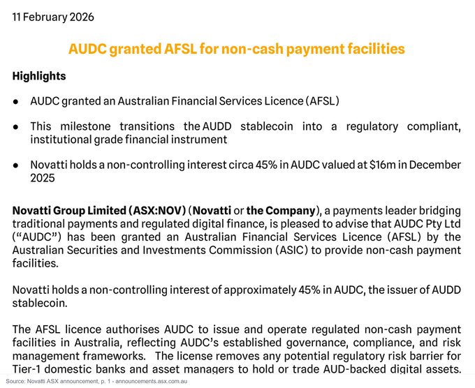 The image shows a Novatti Group Limited (ASX:NOV) announcement dated 11 February 2026, titled "AUDC granted AFSL for non-cash payment facilities," confirming that AUDC Pty Ltd received an Australian Financial Services Licence from ASIC, with Novatti holding approximately 45% of AUDC (valued at $16m in December 2025). The post relates by highlighting the regulatory significance of ASIC licensing the AUDD stablecoin issuer under its securities framework, as detailed in the announcement.