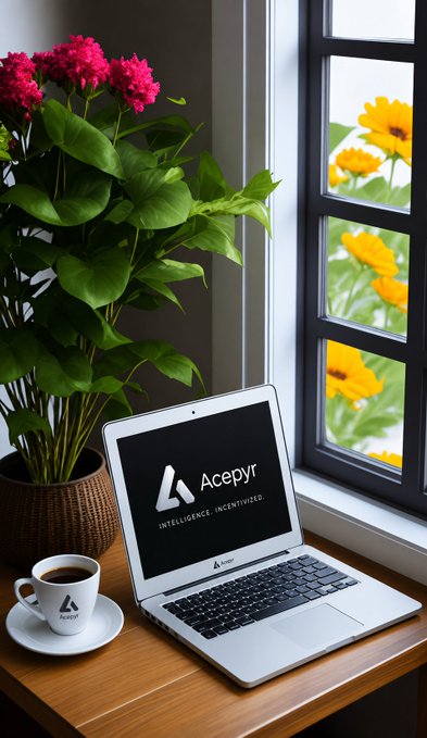 A laptop on a wooden desk displaying the 'Acepyr Intelligence' logo next to a potted plant, coffee cup, and window with yellow flowers, suggesting a cozy workspace.