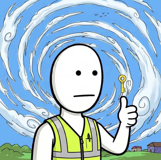 The image features a cartoon character, likely a white man or woman, wearing a safety vest and holding a key above their head with both hands. The background of the image shows a blue sky filled with clouds, creating an interesting visual effect. There is also text in the image that reads "Got up this morning that was ok Had some gifts for Father's Day that was ok too Just got online and saw a WETH hit for a @okguynft flexing the Key to the city was super ok If you are selling I’m buying and will be ok". The combination of the cartoon character, safety vest, and text creates an amusing and relatable scene.