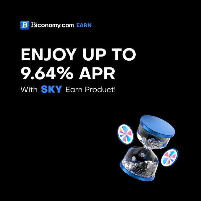 The image features a blue hourglass with colorful designs, placed against a black background. The text "biconomy.zendesk.com" is written above the hourglass, indicating that this is an advertisement for a product or service related to Bitcoin trading and economy. The main focus of the post is on the concept of earning from Bitcoin, as it encourages users to park their $SKY in the Bitcoin Earn feature and let it earn for them. This feature allows users to choose different strategies and earn high-yield quotas based on their preferences.