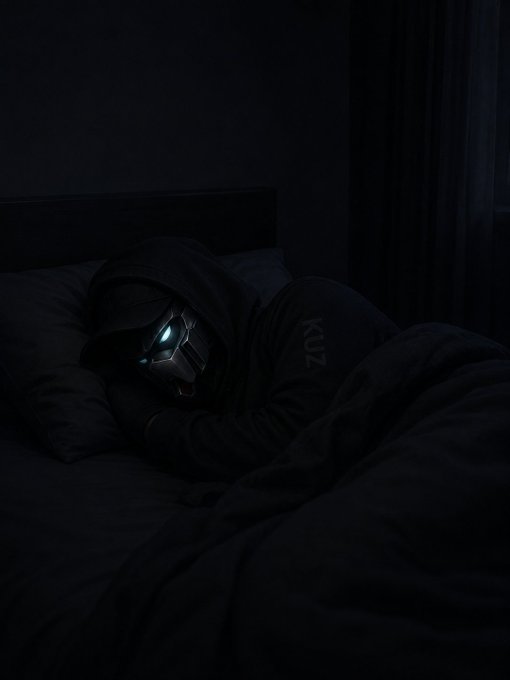 A dimly lit photograph of a person sleeping in bed under dark covers, wearing a hoodie, with their face obscured by a glowing geometric mask resembling a robotic or superhero face.