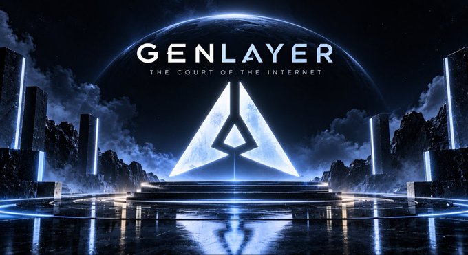 A futuristic, sci-fi style graphic reads 'GENLAYER - THE COURT OF THE INTERNET' above a glowing blue triangular emblem on a pedestal, set against a planetary backdrop.