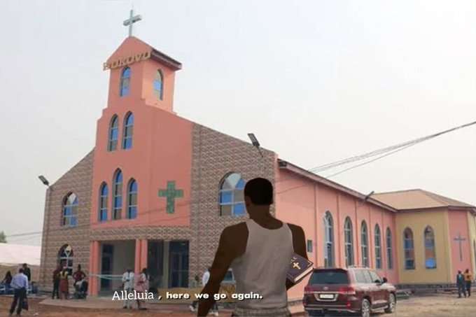 A person stands outside a pink church labeled 'CHURCH' with a cross on top, with the text 'Alleluia, here we go again.' displayed at the bottom. The scene appears to be from a video game or animation with stylized graphics.