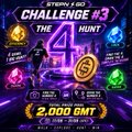 A purple and black promotional graphic for "CHALLENGE #3 THE 4 HUNT" with a prize of "2,000 GMT".