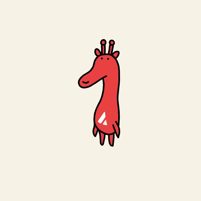 A simple, minimalist line drawing of a red giraffe-like creature with antennae, standing against a cream-colored background.