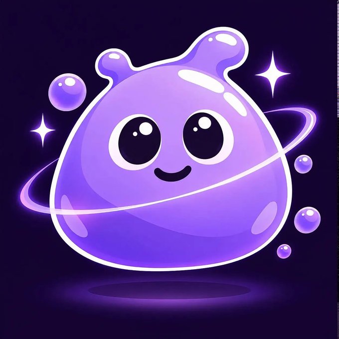 A cute, glossy purple blob character with big eyes and antennae floats in a cosmic setting with sparkles and bubbles, matching a $Pumpfun cryptocurrency meme coin branding.