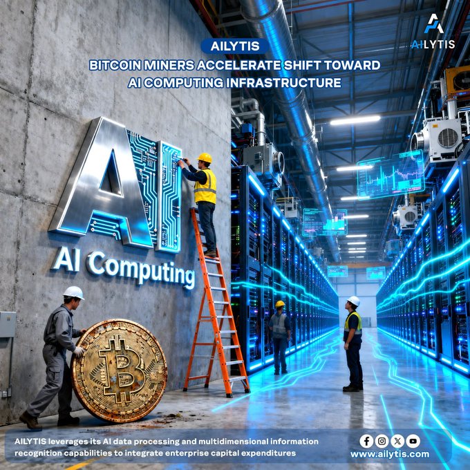 The image shows workers installing an illuminated "AI Computing" sign alongside a giant Bitcoin coin in a high-tech data center, with the headline "AILYTIS: Bitcoin Miners Accelerate Shift Toward AI Computing Infrastructure." It visually reinforces the post's theme of crypto miners pivoting toward AI infrastructure, with AILYTIS branding at the top and the tagline noting the company "leverages its AI data processing and multidimensional information recognition capabilities to integrate enterprise capital expenditures."