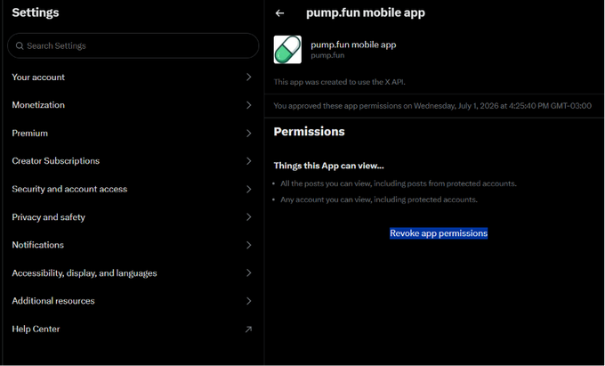 X (Twitter) Settings page showing app permissions for 'pump.fun mobile app' with a 'Revoke app permissions' button highlighted.