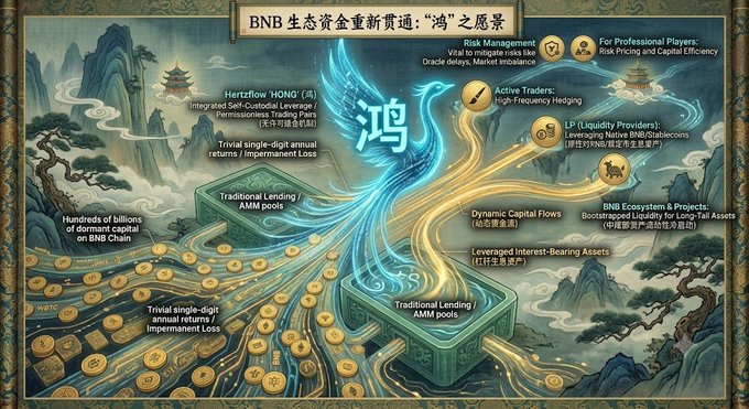 An infographic titled 'BNB 生态资金重新贯通：鸿之屠杀' depicting a flowing river leading to a phoenix, with text calling for a 'Trivial single-digit annual returns' and 'Trivial single-digit annual returns / Impermanent Loss'.