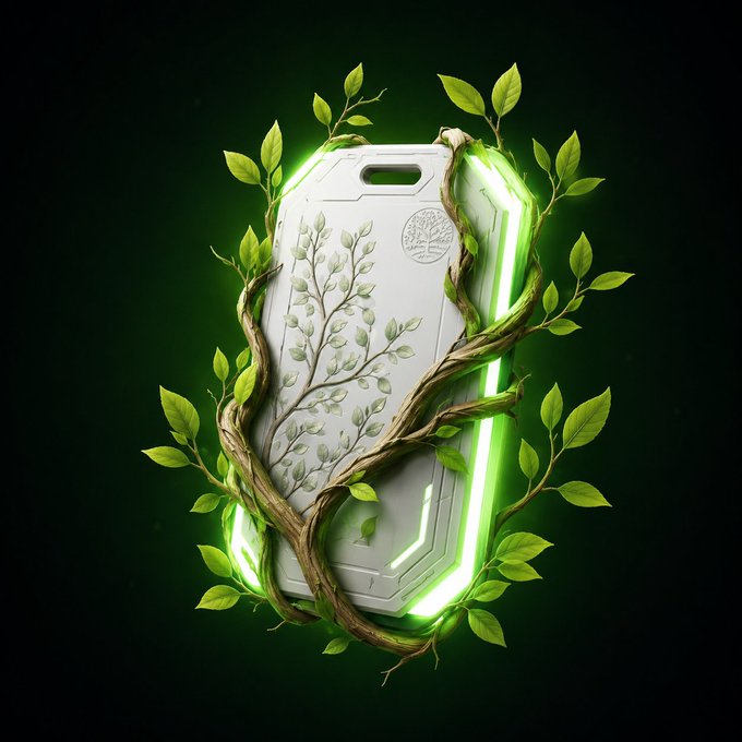 A white smartphone case with green LED edges is entwined by green vines and leaves against a dark background, symbolizing a fusion of technology and nature.