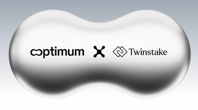 A promotional graphic featuring the logos for "Optimum" and "Twinstake" connected by an X symbol, displayed against a shiny, metallic, pill-shaped background.
