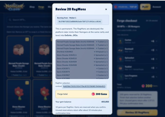 A "Review 20 RagMons" confirmation popup on MoniGarr Clash shows 20 NFTs being burned (Homed Purple Savage Babe, Zheritsh, Stone Shooter, Spore) from a wallet, with a forge total cost of 200 Gems against a 493,850 gem balance, illustrating the post's praise for burning junk NFTs to earn gems and units to attract early players.